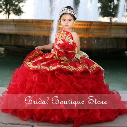 Vestido Charro Embroidery Charro Dress With Bow Cute Puffy Flower Girl Birthday Party Dress Ball Gowns Lace-Up