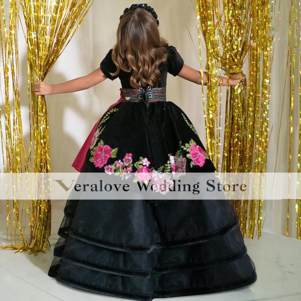 Vestido Charro Embroidery Ball Gown Children Princess Pageant Dress Puffy Flower Charro Dress Mexican Style