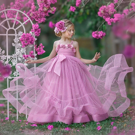 Dress for Girls - Vestido para Ninas Floral Sleeveless Spagehetti Straps Princess Ball Gown Floor Length Fluffy Skirt Tulle Fairy Wedding Party