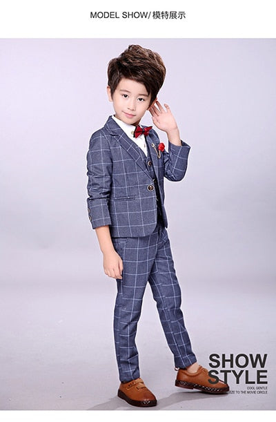 Formal suits for Boys Jacket Pant Vest Bowtie 3 PCS Boys Wedding Dress Kids Plaid Fashion Show Blazers Suit