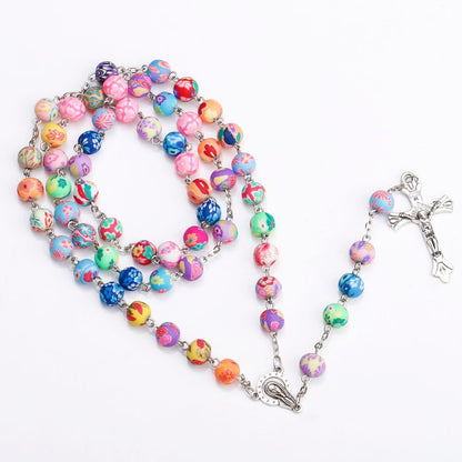 Rosario - Rosary Cross Pendant Necklaces Colorful Soft Pottery Beads long Chain Virgin Mary Jewelry