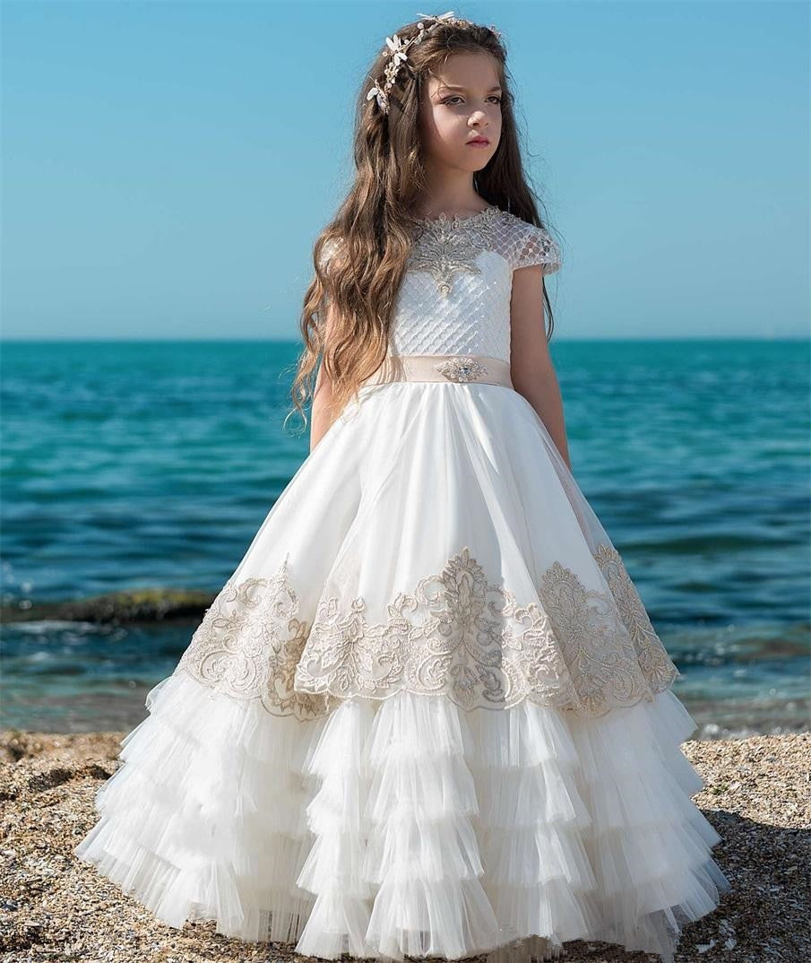 First Communion Dress Flower A-Line For Half Sleeve Tulle White Lace Applique First Communion