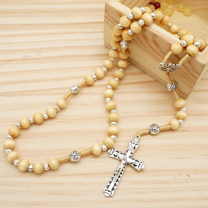 Rosario de Madera Wood Cross Pedant Necklace Virgin Mary Rope Braided Catolico
