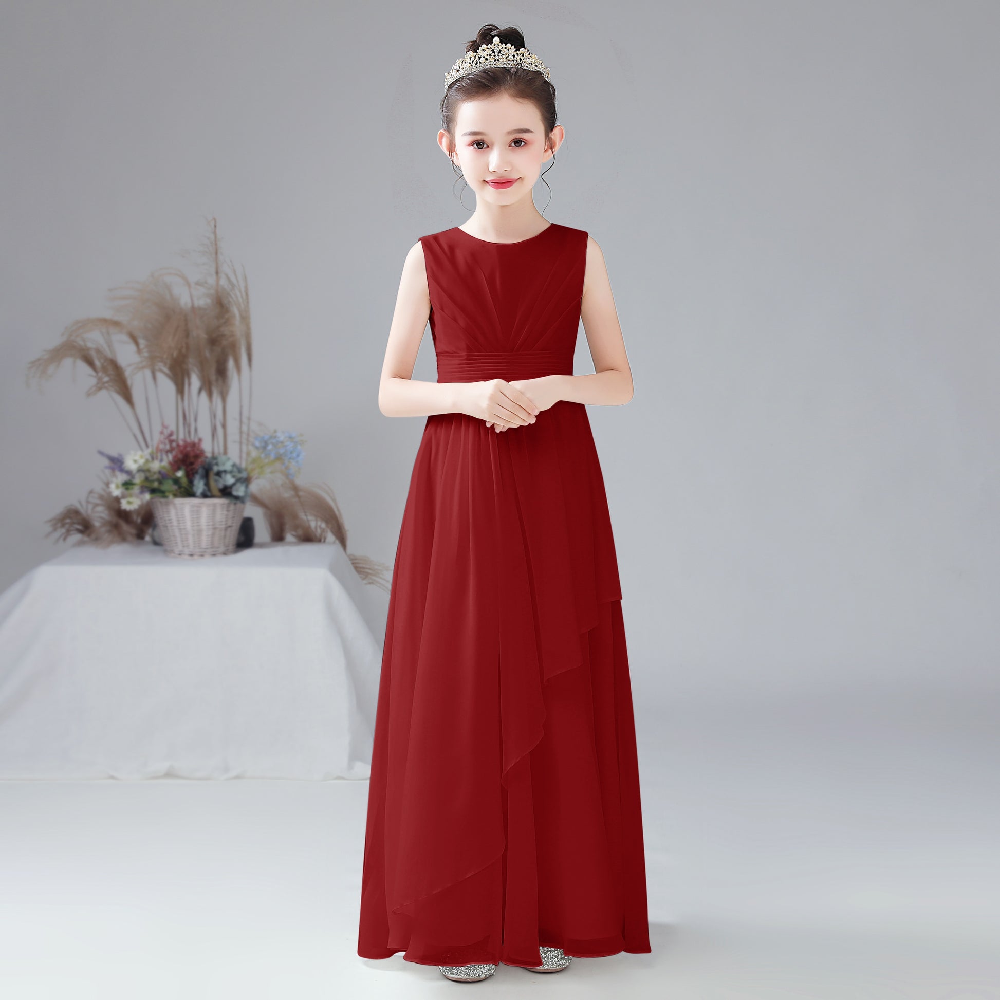 Vestido para Niña Real Pictures Chiffon Flower Girl Dress For Wedding Party First Communion Little Bride Gowns Junior Bridesmaid Rojo