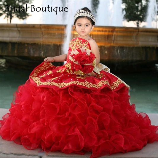 Vestido Charro Embroidery Charro Dress With Bow Cute Puffy Flower Girl Birthday Party Dress Ball Gowns Lace-Up