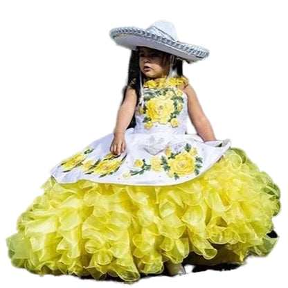 Vestido Charro Para Niña Mexican Flower Girls Dresses Puffy Tiered Skirt Floral Lace Little Pricess Kid Birthday