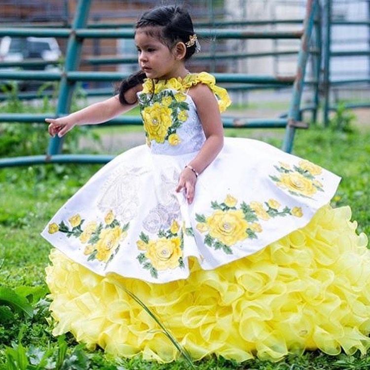 Vestido Charro Para Niña Mexican Flower Girls Dresses Puffy Tiered Skirt Floral Lace Little Pricess Kid Birthday