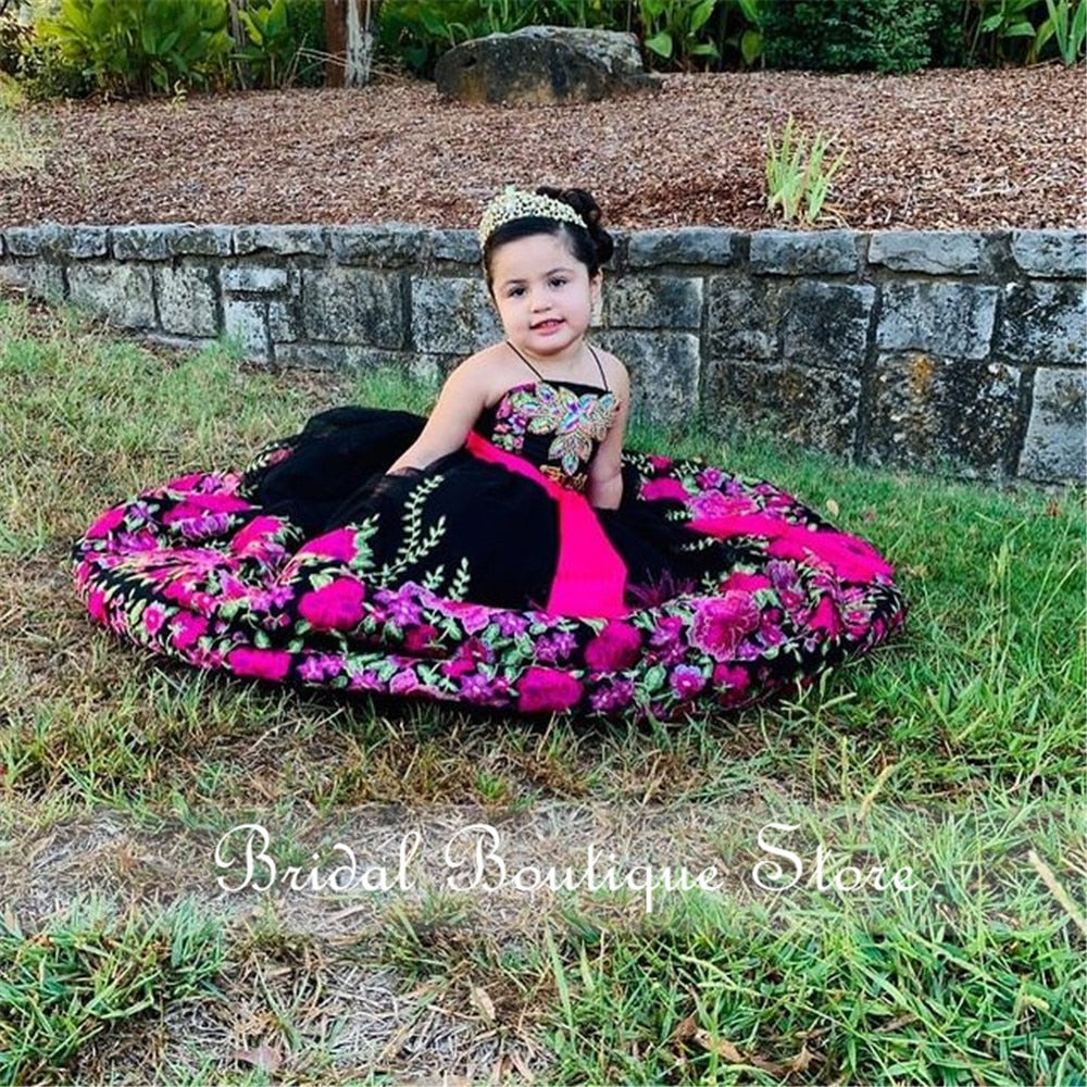 Vestido Charro Para Niña Embroidery Ball Gown Applique Rhinestones Crystal Children Princess Dress Beauty Pageant Flower Girl Birthday Flores