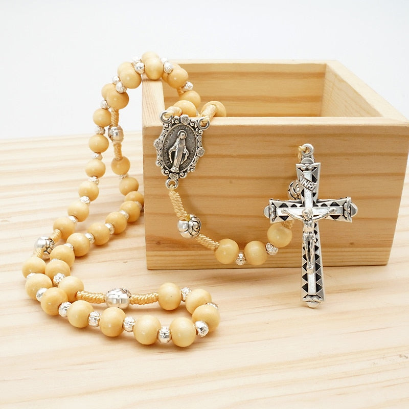 Rosario de Madera Wood Cross Pedant Necklace Virgin Mary Rope Braided