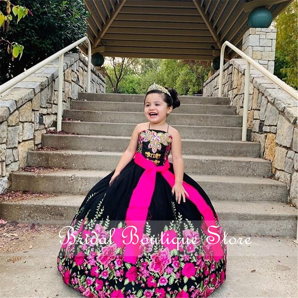 Vestido Charro Para Niña Embroidery Ball Gown Applique Rhinestones Crystal Children Princess Dress Beauty Pageant Flower Girl Birthday Negro