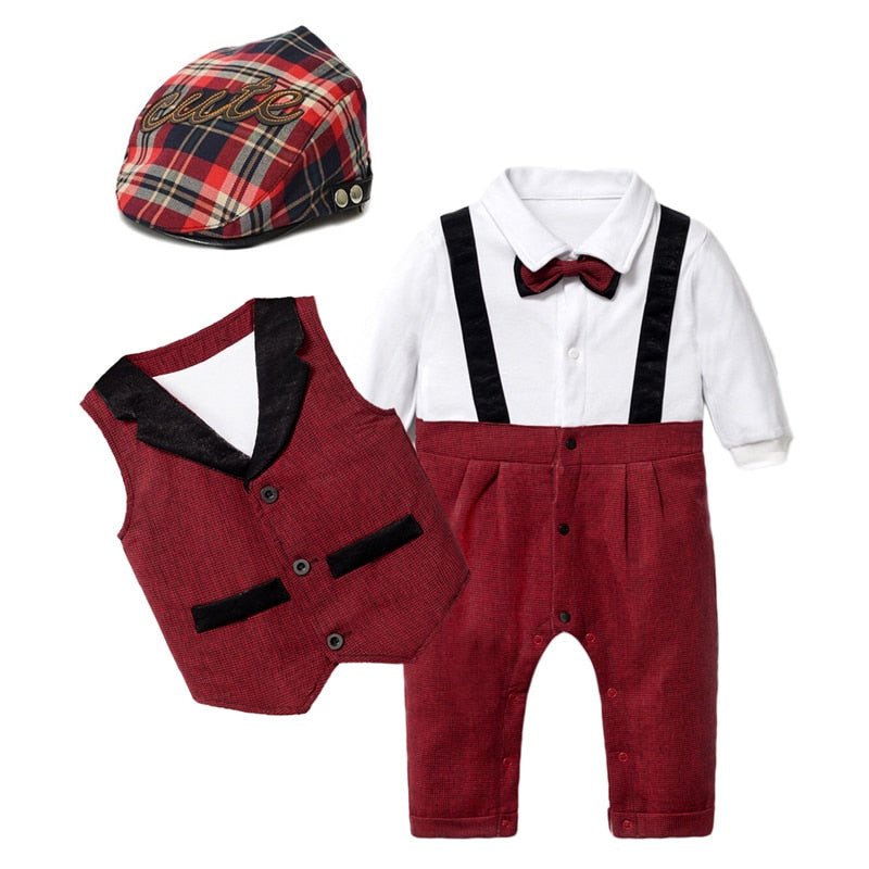 Traje para Niño y Bebe Baby Clothes Autumn Boys Suits New born Gentleman Party Costume Soft Cotton Jumpsuit + Shorts Baptism Dress Newborn Gift Set Rojo