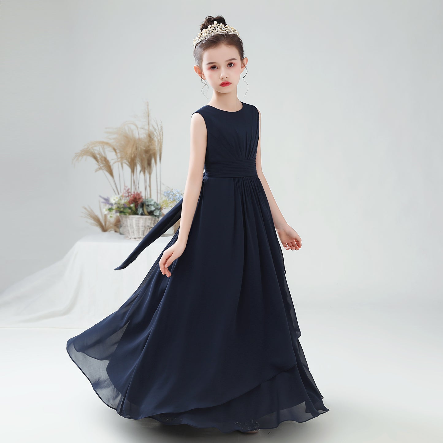 Vestido para Niña Real Pictures Chiffon Flower Girl Dress For Wedding Party First Communion Little Bride Gowns Junior Bridesmaid Color Azul