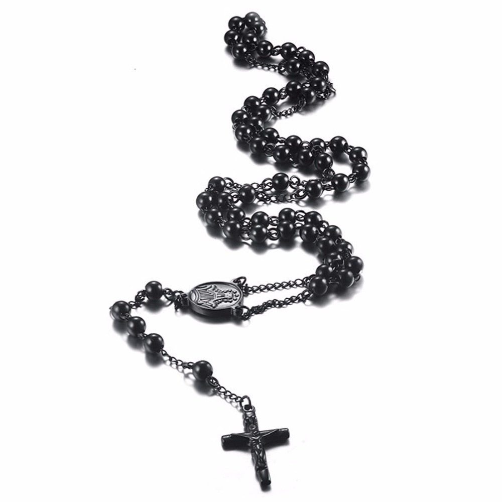 Rosario Shining Black Filled Stainless Steel Bless Rosary Beads Trendy Chain Rosarios Necklace