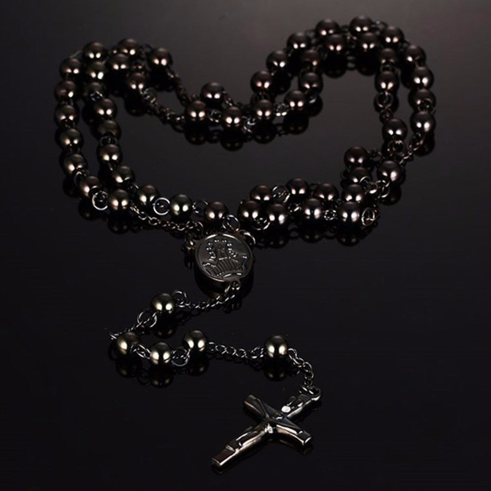 Rosario Shining Black Filled Stainless Steel Bless Rosary Beads Trendy Chain Rosarios Necklace Cruz