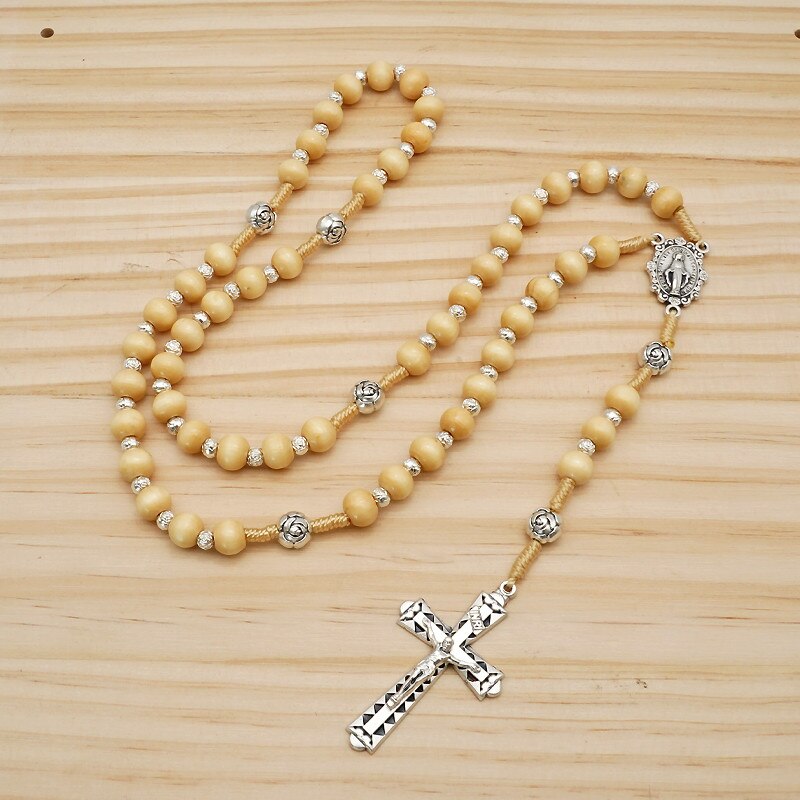 Rosario de Madera Wood Cross Pedant Necklace Virgin Mary Rope Braided Crucifijo