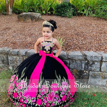 Vestido Charro Para Niña Embroidery Ball Gown Applique Rhinestones Crystal Children Princess Dress Beauty Pageant Flower Girl Birthday