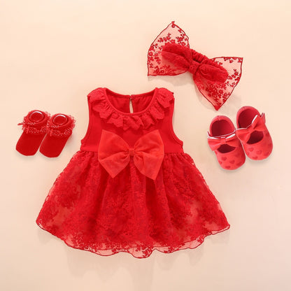 Vestido para Bebe 4Pcs/Set Baby Summer Dress Infant Girls Princess Christening Baptism Dress Gown Party Wedding 0 3 6 9 Months Baby Dress Outfits Rojo