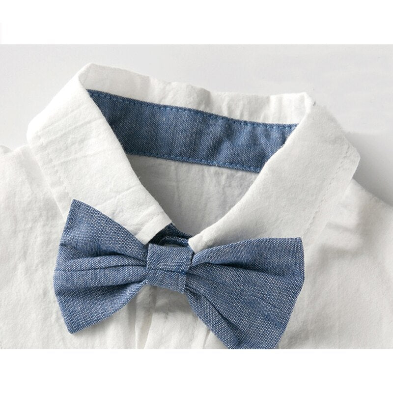 Traje para Niño y Bebe Newborn Baby Boy Gentleman Suit White Shirt with Bow Tie+Romper+Suspenders Shorts 3Pcs Formal Kids Clothes Set Detalles Mono