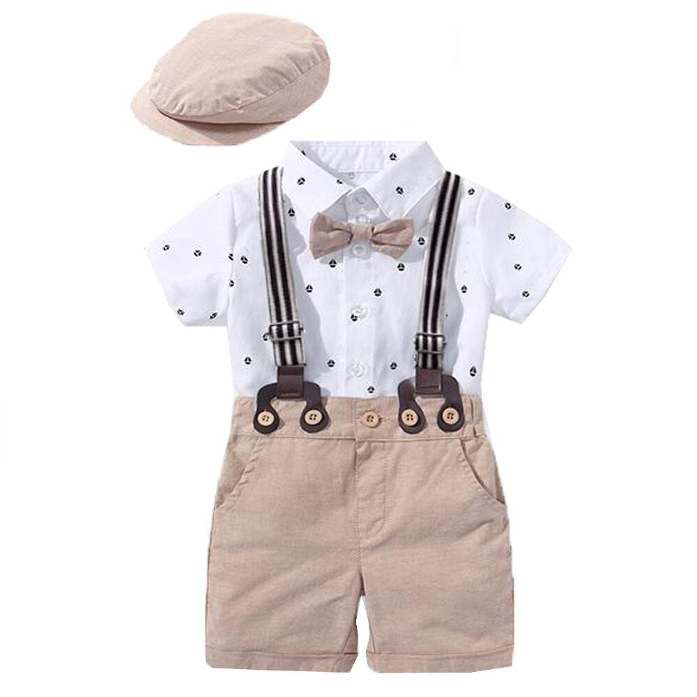 Traje para Niño y Bebe Newborn Baby Boy Gentleman Suit White Shirt with Bow Tie+Romper+Suspenders Shorts 3Pcs Formal Kids Clothes Set Boina 