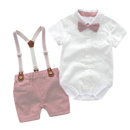 Traje para Niño y Bebe Newborn Baby Boy Gentleman Suit White Shirt with Bow Tie+Romper+Suspenders Shorts 3Pcs Formal Kids Clothes Set Pink