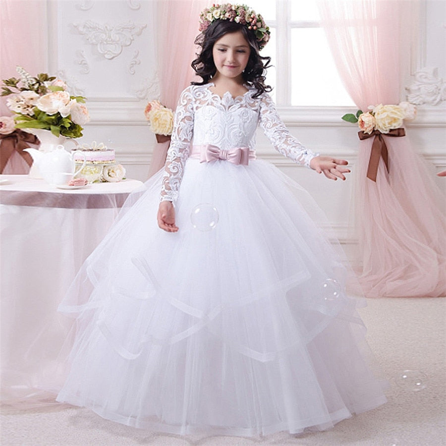 First Communion Dress Fluffy Lace Flower Long Sleeves Tulle Ball Gown Girl First Holy Communion