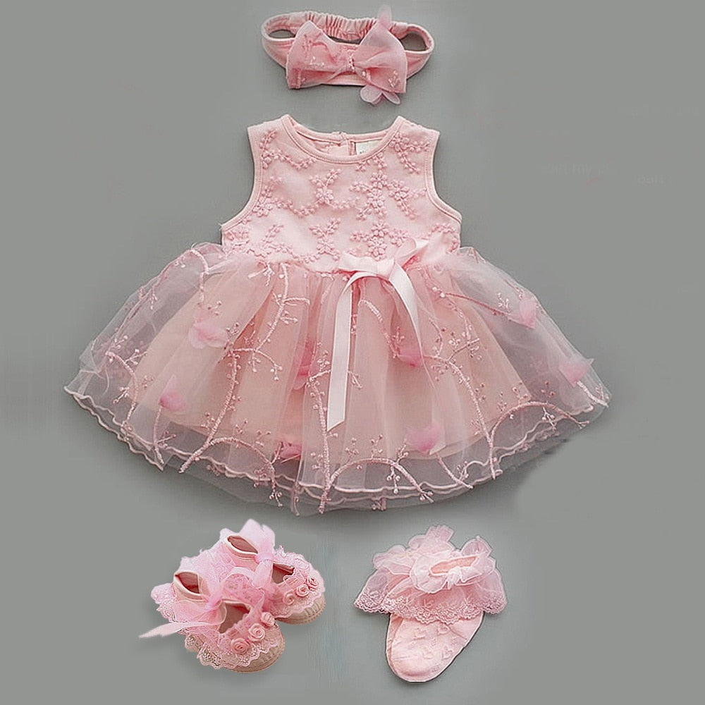 Vestido para Bebe 4Pcs/Set Baby Summer Dress Infant Girls Princess Christening Baptism Dress Gown Party Wedding 0 3 6 9 Months Baby Dress Outfits Rosa