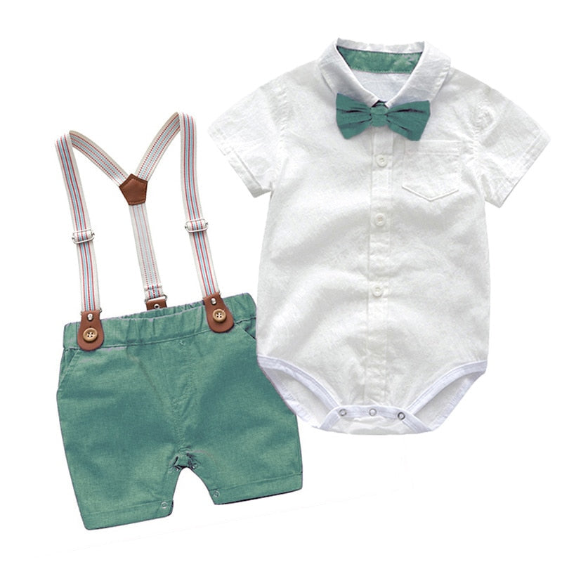 Traje para Niño y Bebe Newborn Baby Boy Gentleman Suit White Shirt with Bow Tie+Romper+Suspenders Shorts 3Pcs Formal Kids Clothes Set Green