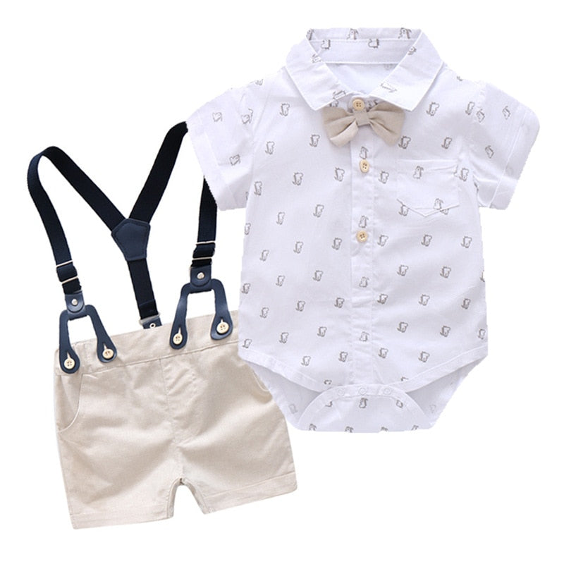 Traje para Niño y Bebe Newborn Baby Boy Gentleman Suit White Shirt with Bow Tie+Romper+Suspenders Shorts 3Pcs Formal Kids Clothes Set Short