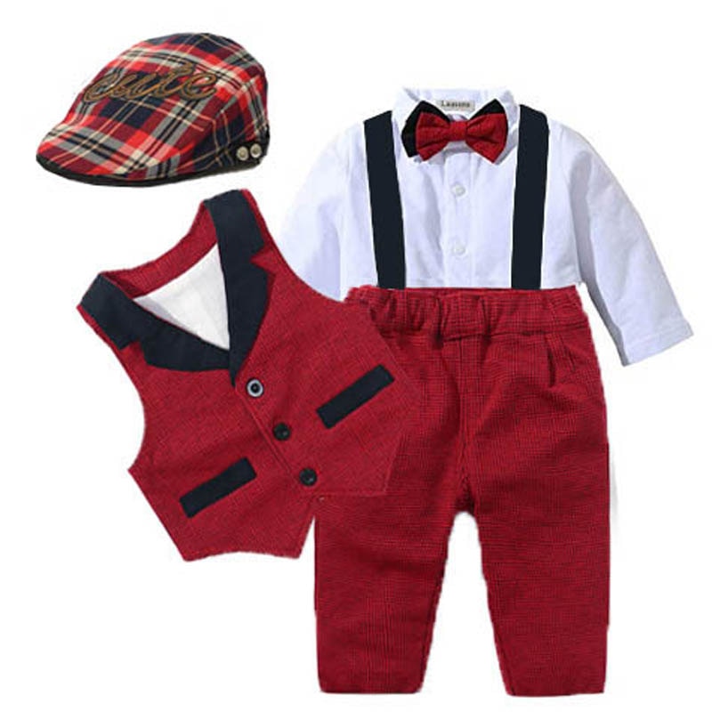 Traje para Niño y Bebe Baby Clothes Autumn Boys Suits New born Gentleman Party Costume Soft Cotton Jumpsuit + Shorts Baptism Dress Newborn Gift Set Conjunto Rojo