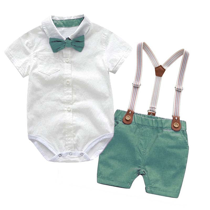 Traje para Niño y Bebe Newborn Baby Boy Gentleman Suit White Shirt with Bow Tie+Romper+Suspenders Shorts 3Pcs Formal Kids Clothes Set Short Verde