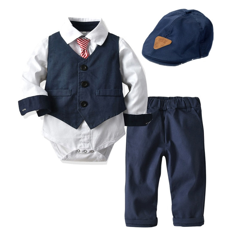 Traje para Niño y Bebe Baby Clothes Autumn Boys Suits New born Gentleman Party Costume Soft Cotton Jumpsuit + Shorts Baptism Dress Newborn Gift Set Traje Azul