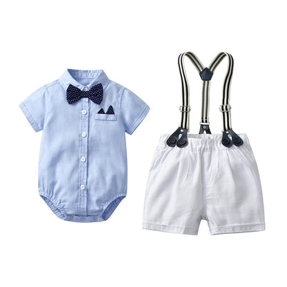 Traje para Niño y Bebe Newborn Baby Boy Gentleman Suit White Shirt with Bow Tie+Romper+Suspenders Shorts 3Pcs Formal Kids Clothes Set Azul