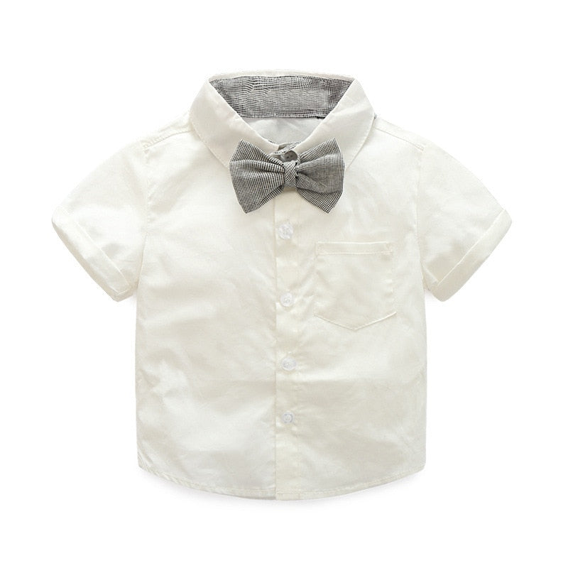 Traje para Niño y Bebe Newborn Baby Boy Gentleman Suit White Shirt with Bow Tie+Romper+Suspenders Shorts 3Pcs Formal Kids Clothes Set White