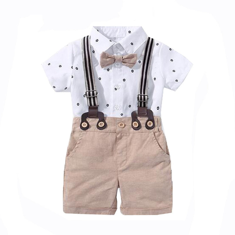Traje para Niño y Bebe Newborn Baby Boy Gentleman Suit White Shirt with Bow Tie+Romper+Suspenders Shorts 3Pcs Formal Kids Clothes Set Short