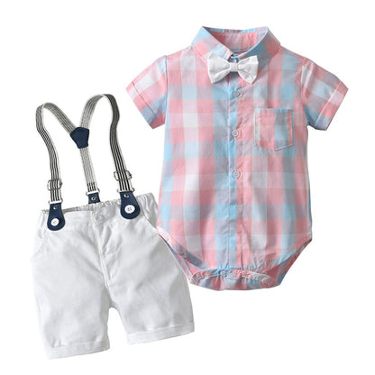 Traje para Niño y Bebe Newborn Baby Boy Gentleman Suit White Shirt with Bow Tie+Romper+Suspenders Shorts 3Pcs Formal Kids Clothes Set Camisa Rosa