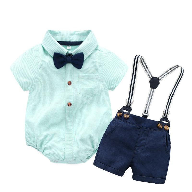 Traje para Niño y Bebe Newborn Baby Boy Gentleman Suit White Shirt with Bow Tie+Romper+Suspenders Shorts 3Pcs Formal Kids Clothes Set Blue