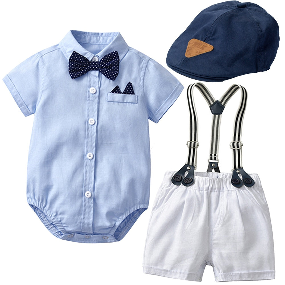 Traje para Niño y Bebe Newborn Baby Boy Gentleman Suit White Shirt with Bow Tie+Romper+Suspenders Shorts 3Pcs Formal Kids Clothes Set Panalero Azul