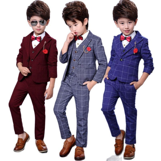 Formal suits for Boys Jacket Pant Vest Bowtie 3 PCS Boys Wedding Dress Kids Plaid Fashion Show Blazers Suit
