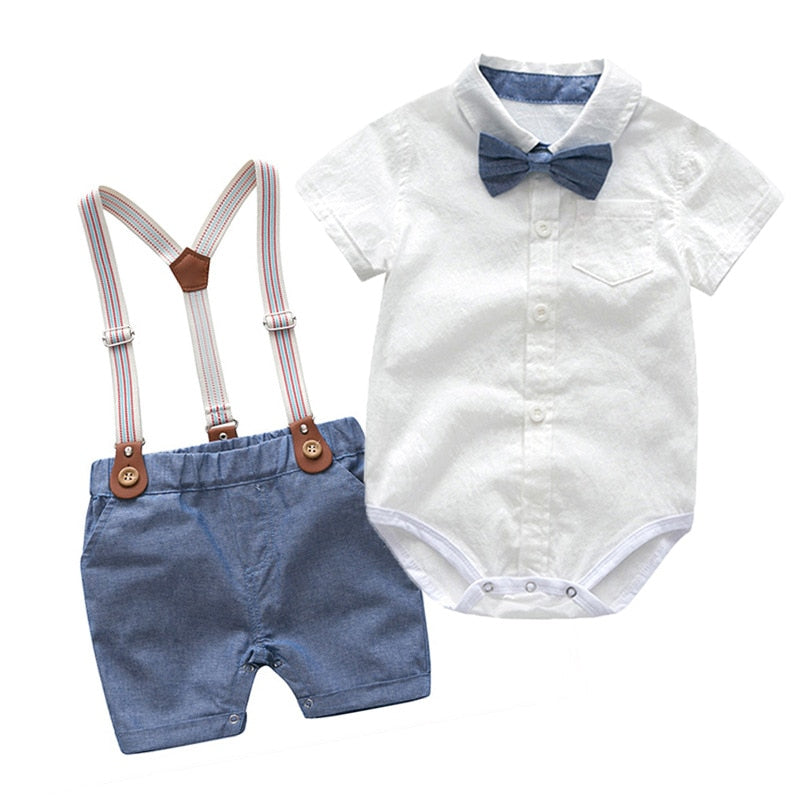 Traje para Niño y Bebe Newborn Baby Boy Gentleman Suit White Shirt with Bow Tie+Romper+Suspenders Shorts 3Pcs Formal Kids Clothes Set Camisa Blanca