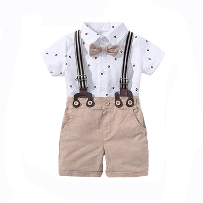 Traje para Niño y Bebe Newborn Baby Boy Gentleman Suit White Shirt with Bow Tie+Romper+Suspenders Shorts 3Pcs Formal Kids Clothes Set Beige