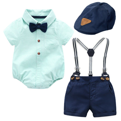 Traje para Niño y Bebe Newborn Baby Boy Gentleman Suit White Shirt with Bow Tie+Romper+Suspenders Shorts 3Pcs Formal Kids Clothes Set Camisa Azul