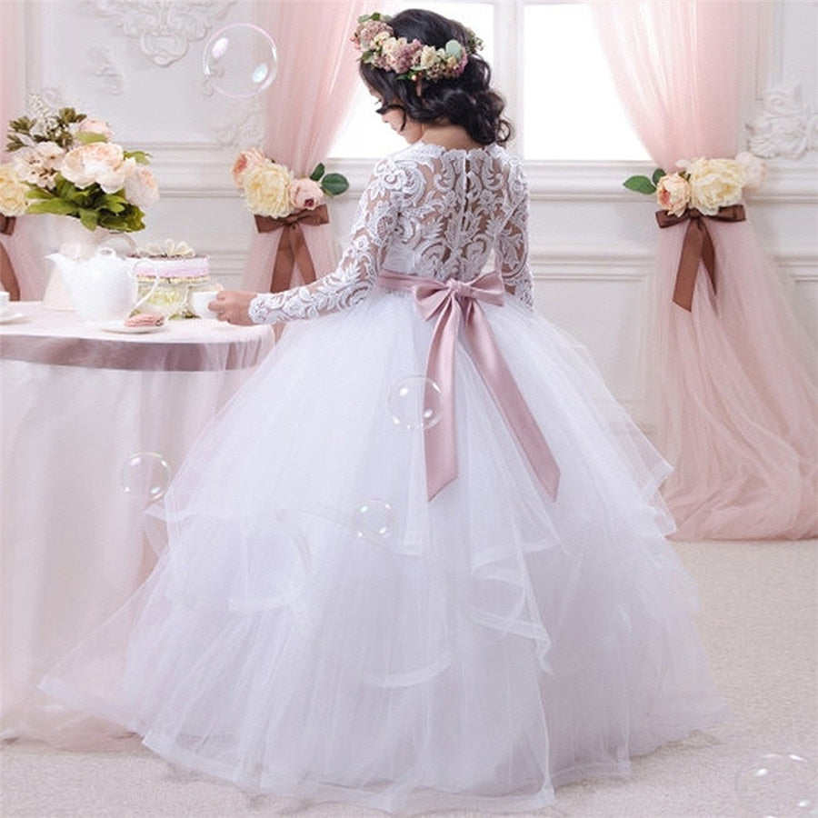 First Communion Dress Fluffy Lace Flower Long Sleeves Tulle Ball Gown Girl First Holy Communion