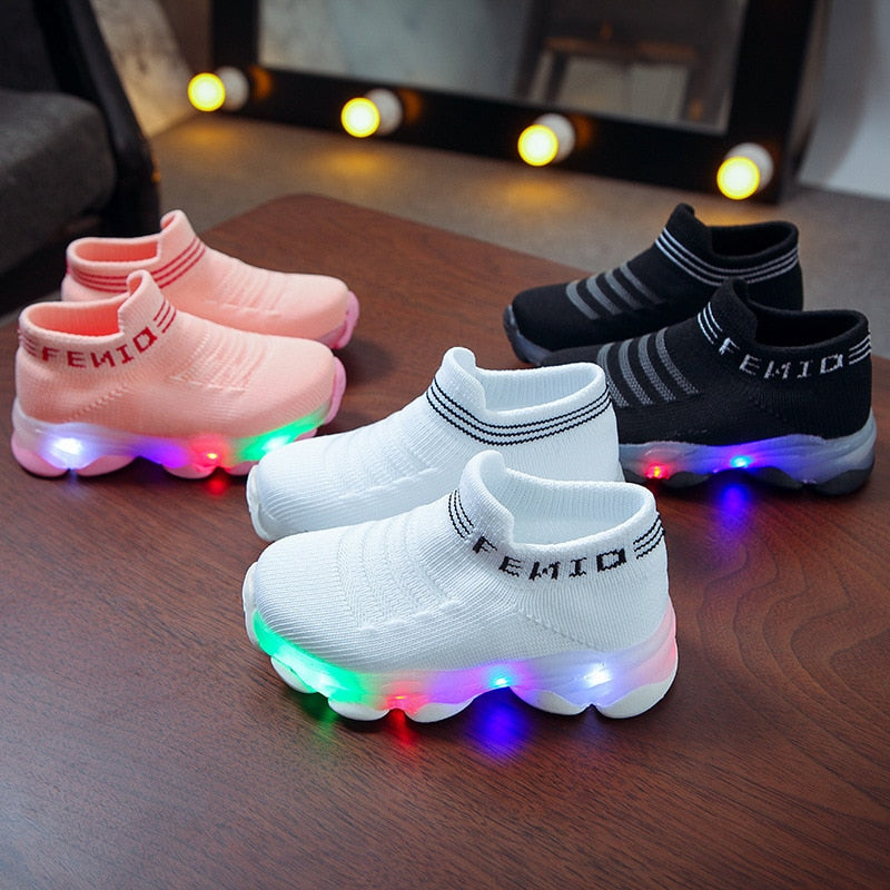 Tenis para Niños Kids Sneakers Children Baby Girls Boys Letter Mesh Led Luminous Socks Sport Run Sneakers Shoes Sapato Infantil Light Up Shoes