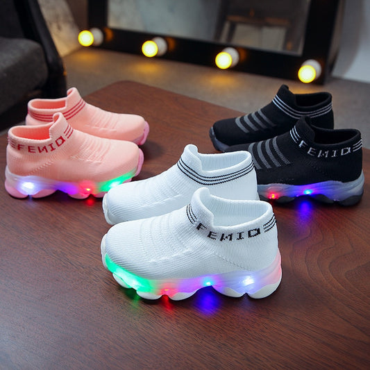 Tenis para Niños Kids Sneakers Children Baby Girls Boys Letter Mesh Led Luminous Socks Sport Run Sneakers Shoes Sapato Infantil Light Up Shoes